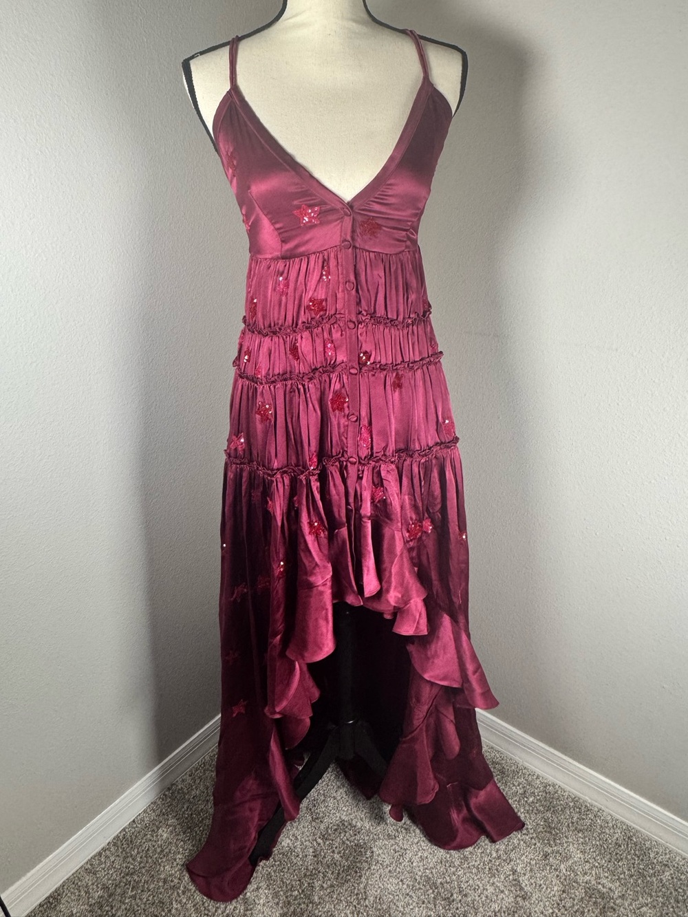 Rococo Sand Nana Star Sequin High-Low Maxi Dress Burgundy XS